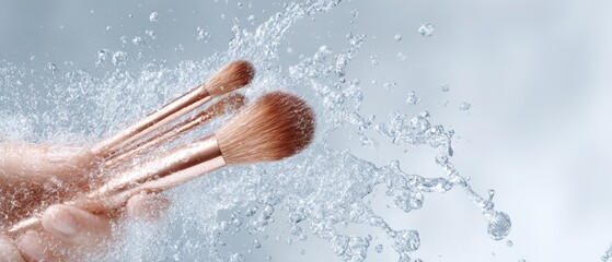 Transparent image of a hand cleaning makeup brushes with foam under running water, ideal for eco-conscious beauty brands, cosmetic hygiene tutorials, and professional skincare product promotions