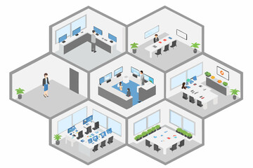 Fototapeta premium Isometric view of a modern office space with multiple rooms and employees working