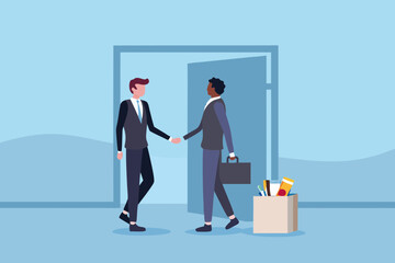 Two businessmen shaking hands in front of an open doorway with a box of office supplies