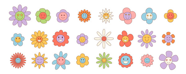 Groovy retro flower set cartoon with happy daisy and cute smiley. Playful floral group creates a colorful, cheerful y2k mood. Groovy element and cartoon graphic style perfect for vibrant, fun design