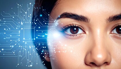 Womans Eye with Futuristic AI Circuitry Overlay with Technology Concept.