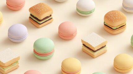 Playful pastel food icons featuring miniature sandwich and colorful macarons in whimsical flat design style, perfect for children's product packaging and lifestyle branding