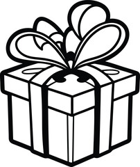 Black and white outline of a gift box with ribbon, cartoon clipart.