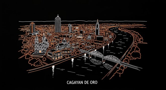 Urban Nightscape, Cagayan de Oro City, Illustration, City Lights, Aerial View