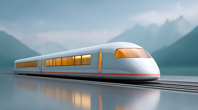 Transportation Hyperloop Prototype theme. Futuristic train on tracks with mountains in the background.
