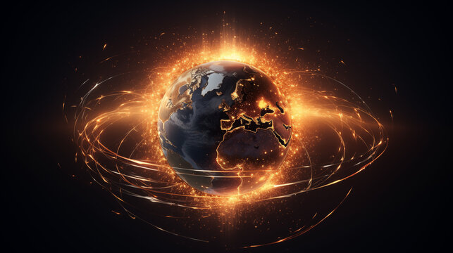 Global connectivity shining bright, showcasing Europe and Africa with a network of light trails, perfect for technology or international business themes