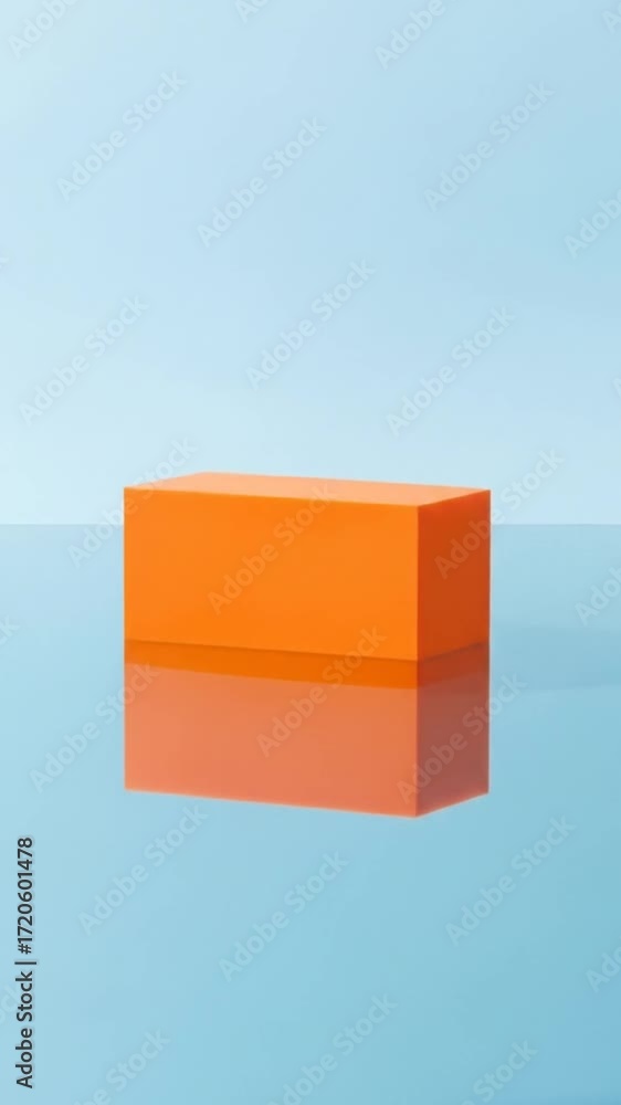 Aufkleber Minimalist Orange Cube Reflecting on Light Blue Surface Simple Geometric Shape Studio Shot Clean Background Smooth Texture
