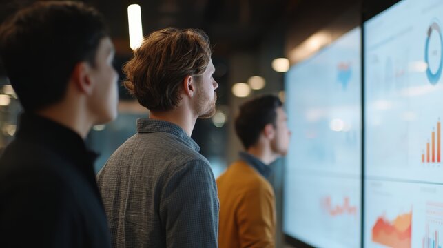 Modern business team reviewing real-time erp dashboard and marketing charts on large screen, illustrating enterprise strategy, digital transformation, and data-driven planning in corporate office