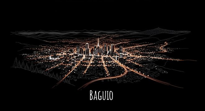 Baguio City Lights at Night: A mesmerizing night view of the cityscape of Baguio, Philippines, illuminated by a network of lights.