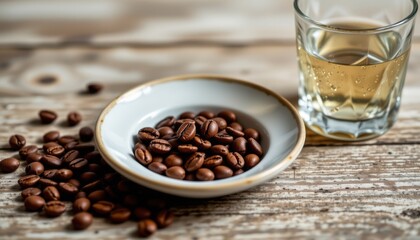 Fototapeta premium Coffee beans and refreshing drink rustic kitchen photography cozy environment close-up view culinary concept