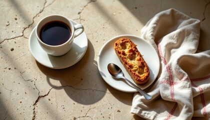 Savoring coffee and biscotti delight in a cozy  close-up food photography with warm ambiance for culinary joy