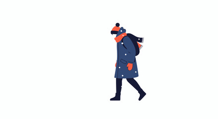 Flat illustration of a person walking in winter clothes with a backpack against a white background.