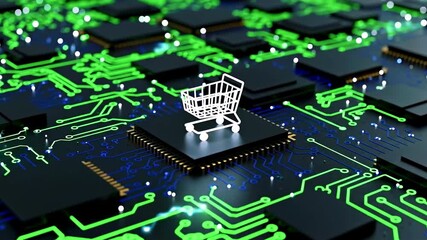 A digital shopping cart icon placed on a circuit board, symbolizing e-commerce technology - Powered by Adobe