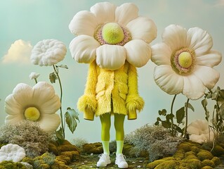 surreal fashion editorial, a figure standing in a fantasy garden, wearing a neon yellow coat with fluffy neon yellow cuffs,