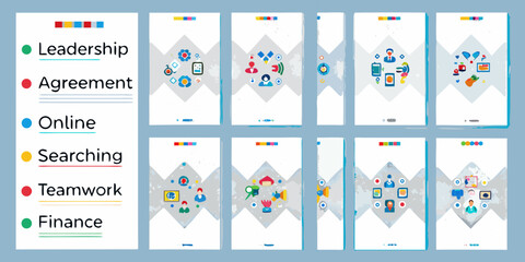 Collection of colorful flat design icons representing business concepts like leadership teamwork finance and online searching