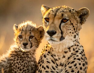 Fototapeta premium Cheetah mother and cub at sunrise