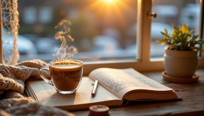 Morning ritual steaming cup of coffee by the window cozy atmosphere warm light inviting setting
