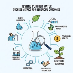 A diagram illustrating the success metrics for purified water, encompassing purity, economic efficiency, operational aspects, stakeholder satisfaction, environmental impact, community health, and...