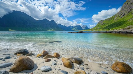 The beach of Scour, with the sea and green mountains in the background png