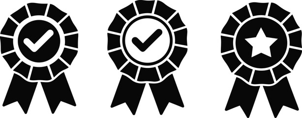 Award ribbon silhouette, checkmark badge, star medal icon, black and white vector, achievement symbol, certification design, approval label, quality assurance graphic