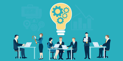 Diverse business team collaborating on a new idea with a lightbulb and gears symbolizing innovation and strategy