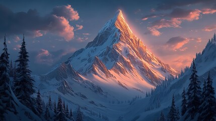 towering snow-covered mountain peak at dawn, soft pink alpenglow on the summit, dramatic winter ridges and icy slopes, png