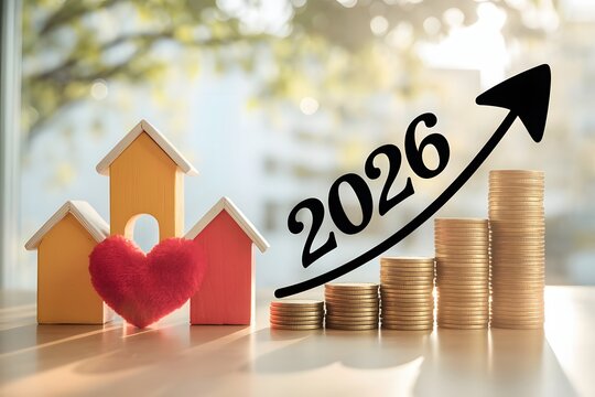 Symbolic representation of financial growth and prosperity in the year 2026 featuring miniature houses a heart and a rising arrow graph with stacks of coins