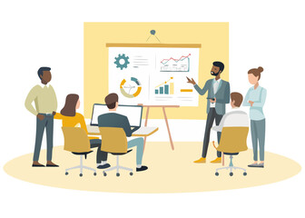 Obraz premium Diverse team of professionals collaborating during a business presentation with charts and graphs on a whiteboard