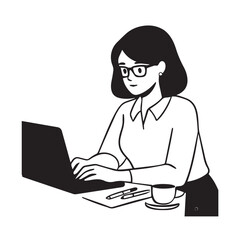 Black and white line art of a beautiful successful career woman working at desk with laptop illustration