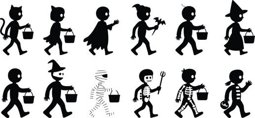 Halloween kids silhouette, trick or treat costumes, spooky children vector, bat, witch, skeleton, pumpkin, vampire, devil, mummy, festive illustration, holiday design