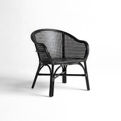 A stylish, black wicker armchair with a simple, elegant design.