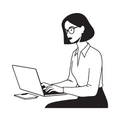 Black and white line art of a beautiful successful career woman working at desk with laptop illustration