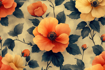 Orange and yellow flowers in floral pattern.