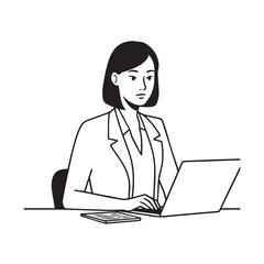 Black and white line art of a beautiful successful career woman working at desk with laptop illustration