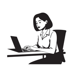 Black and white line art of a beautiful successful career woman working at desk with laptop illustration