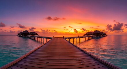 Obraz premium Serene wooden walkway extends to a cluster of overwater bungalows at sunset, bathed in vibrant colors.