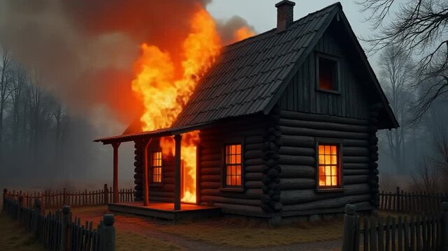 Burning wooden house in old village