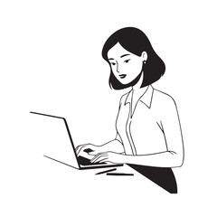 Black and white line art of a beautiful successful career woman working at desk with laptop illustration
