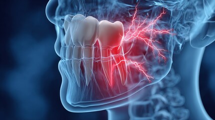 human jaw with painful tooth. wisdom tooth pain treatment. wisdom tooth
