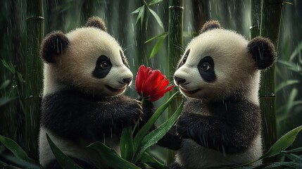 Two baby pandas holding a red tulip while surrounded by bamboo, dripping with rain, macro close-up, cinematic lighting, super saturated and joyful expressionn png