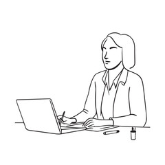 Black and white line art of a beautiful successful career woman working at desk with laptop illustration
