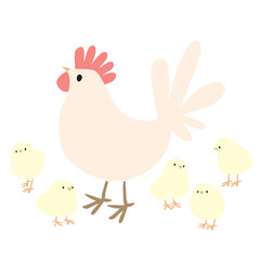 にわとりの周りでひよこたちが自由に遊ぶかわいいベクターイラスト