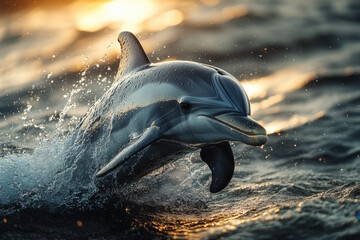 Obraz premium Dolphin jumps at sunset.