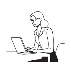Black and white line art of a beautiful successful career woman working at desk with laptop illustration