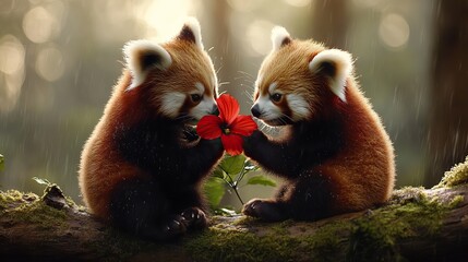 Two fluffy red pandas sit closely on a moss-covered log, gently holding a red hibiscus between their paws png