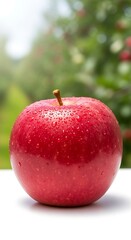 Close-up of a single, vibrant red , covered in water droplets, positioned against a blurred background of a garden.