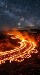 Molten river of fiery lava flowing through volcanic landscape under a night sky filled with stars.