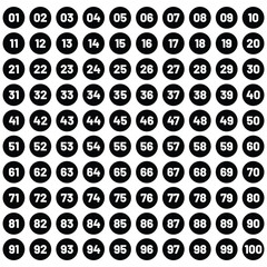 Numbers 1 - 100 - Black Circle , Inner White Border with White Numbers. eps 10