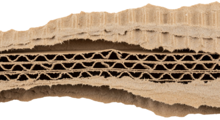 Torn brown corrugated cardboard showing layered texture and wavy fluting.