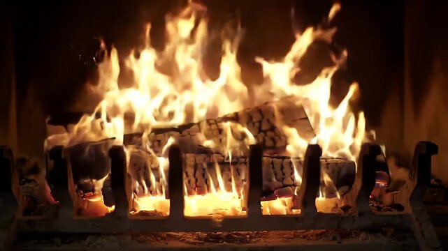 A vector of comfort as amber sparks fly from the roaring fire, with flying flames creating a warm and cozy home hearth scene